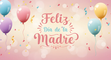 Happy Mother's Day Celebration with Colorful Balloons and Confetti