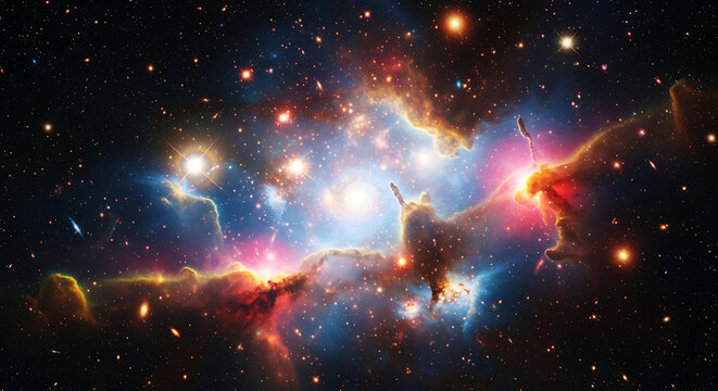 Stunning deep space nebula bursts with vibrant cosmic colors and distant stars, inspiring awe and wonder for exploration and discovery narratives.
