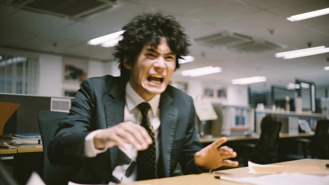 残業中のオフィスで同僚に激昂するスーツ姿の男性