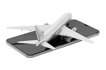 Airplane standing on smartphone screen isolated on transparent background. 3D illustration