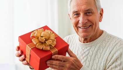 Smiling senior man holding wrapped gift box on white background, joyful elderly male portrait with copy space