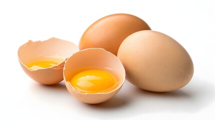 Farm fresh brown eggs with golden yolks ready for your delicious cooking project or healthy breakfast recipe on a crisp white backdrop