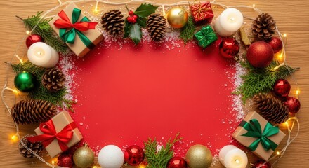 Festive Christmas frame with gifts pine cones and ornaments creating a cozy holiday background with copy space for seasonal greetings and promotions