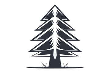 Silhouette of a tall pine tree features triangular branches and some grass at the base