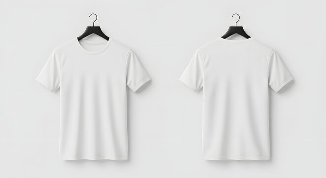 Front and back view of a blank white t-shirt mockup on a black hanger, isolated against a pristine background, perfect for showcasing custom apparel designs, branding, or fashion illustrations