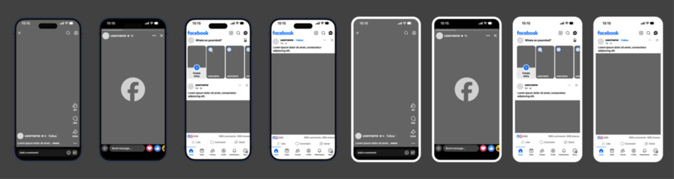 Facebook Mobile UI Mockup with reels, stories, timeline, messages, comments, notifications, profile, marketplace, groups, and live stream layout on modern smartphone screen