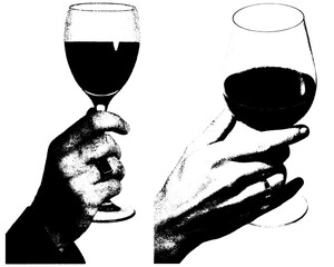 Retro xerography collage of hands holding wine glasses, black and white halftone engraving minimal art isolated on transparent background