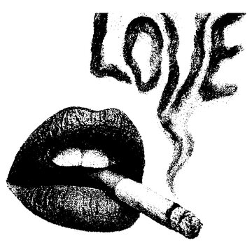 Retro xerography collage of lips with cigarette smoke love text, black and white halftone engraving surreal pop art isolated on transparent background
