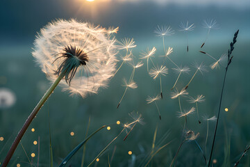 Dandelion Seeds in the Gentle Breeze: A close-up view captures the magical moment of dandelion seeds taking flight on a breezy day, with the soft focus and subtle sunlight.
