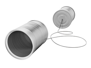 Tin cans connected to each other with a rope isolated on transparent background. 3D illustration