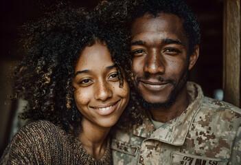Portrait of cheerful pretty curly black teen girl hugging her dad soldier from behind and smiling at camera, young black man in military uniform return home from army, cuddling with his daughter