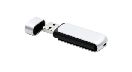 Sleek silver usb flash drive with cap off, isolated on transparent background, perfect for data storage and portable file transfer solutions