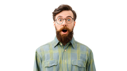 Surprised bearded man portrait, isolated on transparent background