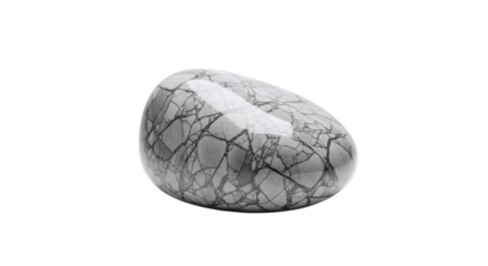 Smooth gray stone with intricate white vein patterns, isolated on transparent background, showcasing natural texture and unique geological formation