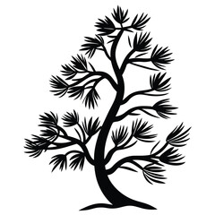 Isolated silhouette shows a curved deciduous tree against a white background