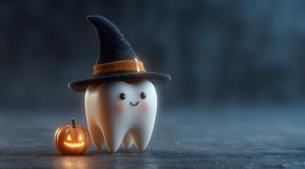 White tooth wearing witch's hat with pupkin on orange background. Halloween concept. AI