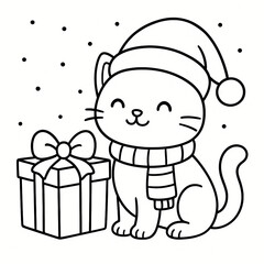 cat christmas with gifts line art