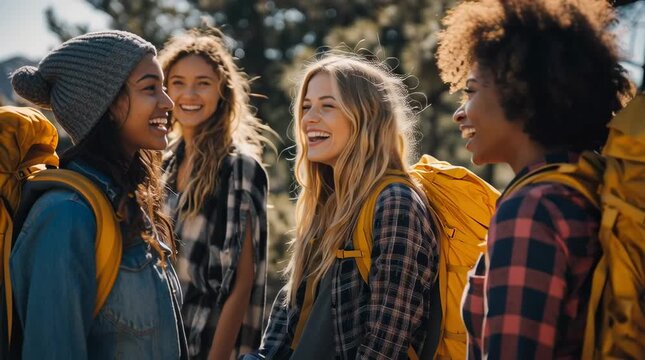 Group of young women carrying backpacks talking meeting together outdoors, end of year trip	
