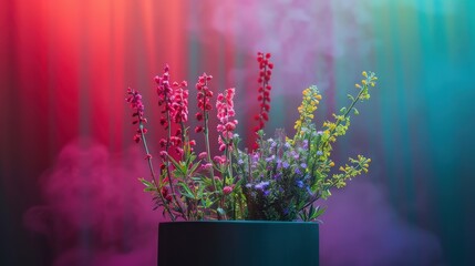 Low bowl of bright gerbera daisies against red and blue neon backdrop with scattered petals, colorful party still life