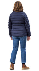 Femme vue de dos en tenue décontractée, portant une doudoune bleu marine, un jean et des bottines marron, debout et immobile en extérieur par temps frais, style automnal