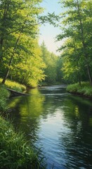 Obraz premium A peaceful painted scene of a sunlit river flowing through a lush green wilderness forest early in the tranquil morning hours ,river ,wilderness ,oil paint