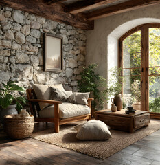 Mockup frame in farmhouse living room interior, 3d render