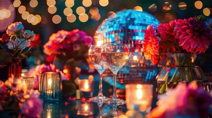 Sparkling party still life with cocktail glass flowers candles and confetti in vivid neon bokeh, festive celebration close up