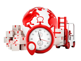 Global transportation concept with cargo boxes, chronometer, truck and globe isolated on transparent background. 3D illustration