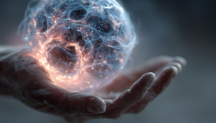 Abstract image of a hand holding a digital sphere representing global network connections and data flow.