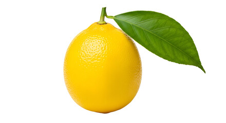 Single bright yellow lemon with green leaf on black background citrus fruit