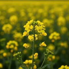 Obraz premium Bright yellow mustard flowers blooming profusely in a sunny field against a soft natural background, showing edible vegetation ,leaf ,cultivation ,brassica
