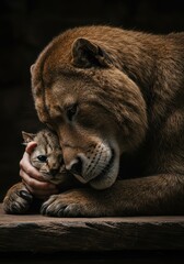 Naklejka premium Gentle, affectionate interaction providing comfort to a majestic wild animal during rehabilitation, emphasizing conservation efforts and respect, rehabilitation, outdoor, embrace