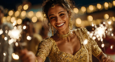 Indian woman in a gold lehenga joyfully holds glowing sparklers, surrounded by Diwali diyas and bokeh lights