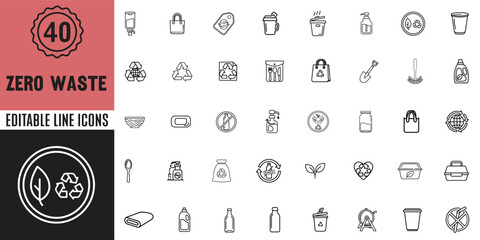 Eco-friendly and sustainability linear icon collection. Includes recycling, organic, reusable, compost, and green lifestyle symbols. Ideal for environment and zero waste projects.