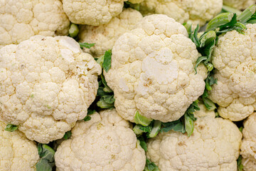 Ripe cauliflower on the counter in the store. Trade in fresh vegetables in the trading network.