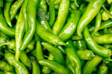 Fresh hot green peppers laid out on the counter for sale in the organic market. Close-up