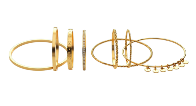 Collection of elegant gold arm bracelets and bangles with intricate details isolated on black background