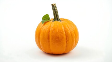 Obraz premium A close-up shot of a vibrant, ripe pumpkin with its distinctive ridges, a sturdy stem, and a small green leaf.