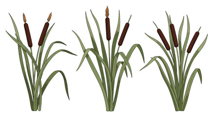 A collection of three stylized illustrations featuring common cattail plants with their distinctive brown flower heads and green leaves, set against a plain white background.