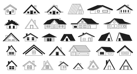 A collection of various house icons, showcasing different architectural styles and roof designs, suitable for real estate or home-related projects.