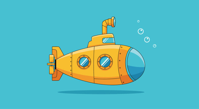 A cheerful yellow submarine with a periscope and portholes navigates the deep blue ocean, creating a whimsical and adventurous cartoon illustration.