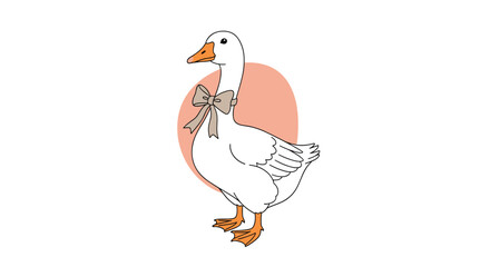 Obraz premium A charming white cartoon goose with an elegant tan bow tied around its neck, standing gracefully against a soft peach background in a delightful, simple illustration.
