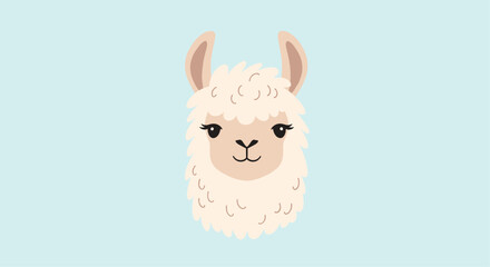 Naklejka premium A charming and friendly cartoon llama headshot with fluffy white fur, expressive dark eyes, and a sweet smile, rendered in a simple, whimsical style against a light blue backdrop.