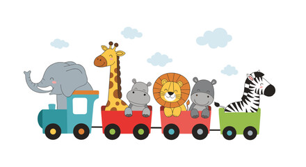 A whimsical cartoon illustration showcases a parade of adorable safari animals, including an elephant, giraffe, hippos, lion, and zebra, happily riding in a colorful train.