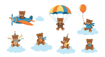 Adorable collection of cartoon teddy bears engaging in various aerial adventures like flying an airplane, parachuting, and floating on clouds with balloons.