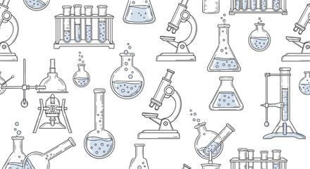 Vector seamless pattern featuring essential laboratory tools and glassware, illustrating scientific research, chemistry experiments, and educational themes.