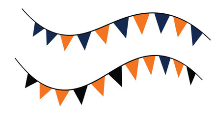 Obraz premium Two wavy strings of festive triangular flags, one alternating dark blue and orange, and the other black and orange, creating a simple party decoration.
