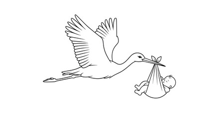 A black and white line art illustration of a stork flying with a baby in a bundle, representing the classic tale of baby delivery.