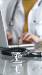 Stethoscope and clipboard with medical documents are on the table near female doctor working on laptop, managing patient data in clinic. Concept of medicine, healthcare and science