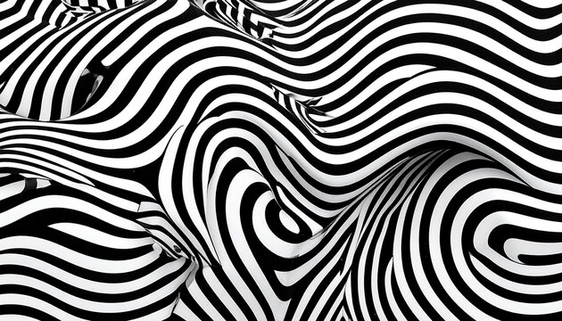 Black-and-white wavy stripe pattern creating an optical illusion of depth and movement—evoking visual tension and abstract dynamism.